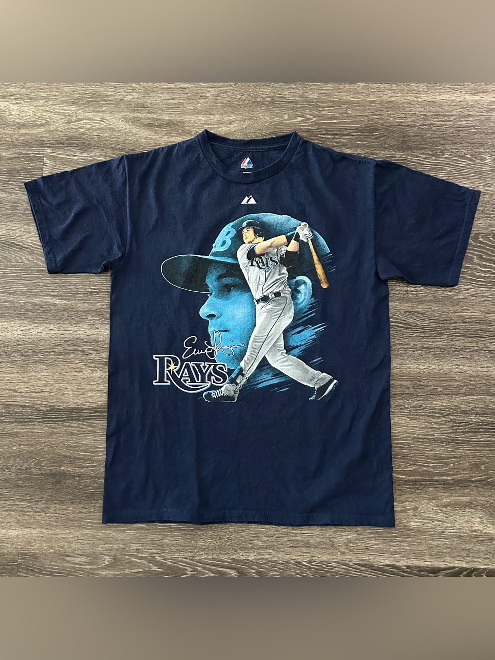 Tampa Bay Rays Evan Longoria Batting Portrait Graphic T-Shirt Majestic Sz M Rare